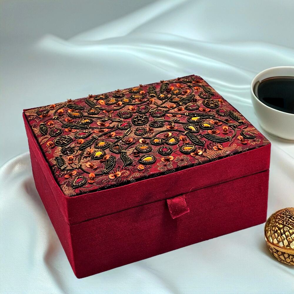 Red Satin Sequin Jewelry Box with Mirror Glam Vanity Organizer Boho Decor